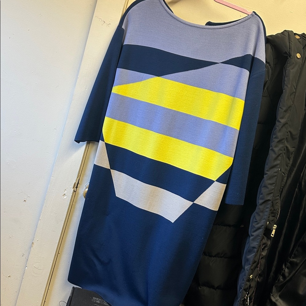 St. John Colorblock Knit Dress Wool Blend Blue Purple Yellow Long sleeve